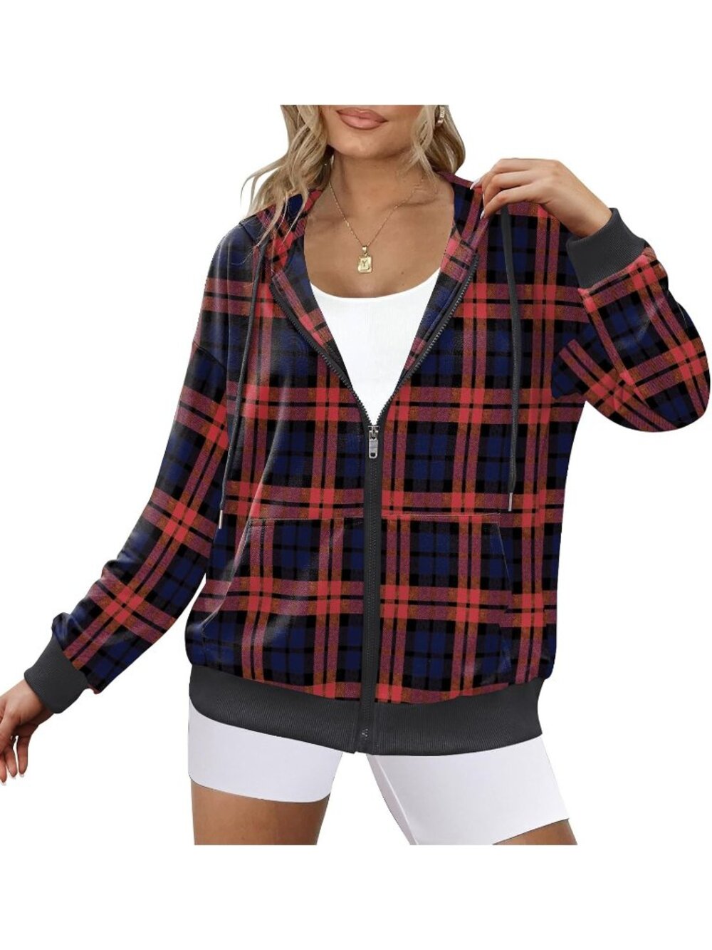 Women Black Red Plaid Long Sleeve Full Zip Up Oversized Sweatshirt Zipper Jacket